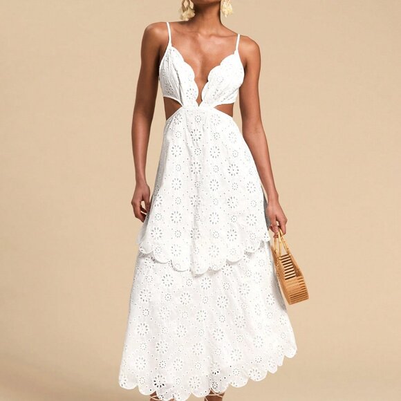White Boho Women's Woven Eyelet Embroidery Waisted Hollow Out Strap Long Dress - Picture 1 of 7